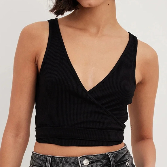 NA-KD Tops - NA-KD Wrap Detail Rib Singlet Black Cropped Tank Top NWT Small